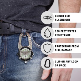 Dakota Watch Microlight, Clip Watch, Flashlight and Watch, Outdoor Gifts for Men, Use for Field and Work Watch, Tactical Watch with LED Flashlight with or Without Dial Protector - Silver - Dial Cage