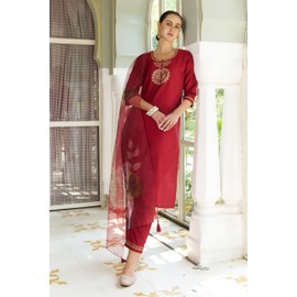 VredeVogel Women's Cotton Silk Embroidered Kurta with Pant & Organza Dupatta Set (Maroon_Medium)