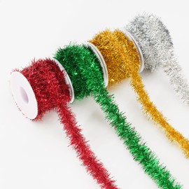 KINGLAKE Christmas Tinsel Garland, 4 Rolls Thin Tinsel Christmas Tree Tinsel Decoration, 20 Yards Xmas Mini Tinsel Garland Glitter Tinsel for DIY Crafting, Xmas Tree, Wrapping Gift, Party, Home