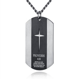 REVEMCN Black Silver Stainless Steel Bible Verse Cross Dog Tag Pendant Necklace for Men, 24-28 Inches Chain, Stainless Steel, not