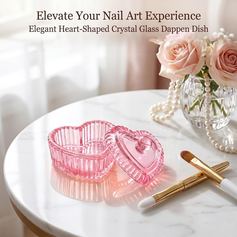2PCS Heart-Shaped Dappen Dish for Nails, Pink Glass Crystal Monomer
