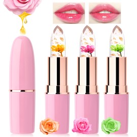 Likesing Set of 3 Lipstick Set Flowers Temperature Sensitive Colour-Changing Pink Magic Lip Colour Changing Lipstick Crystal Jelly Flower Colour Changing Lipstick Lip Balm Gift Girls