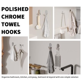 Adhesive Towel Hooks for Bathrooms 2 Pack Polished Chrome Stainless Steel and Zinc Alloy Sticky Wall Hooks for Hanging Heavy Duty Self Adhesive Robe Shower Hanger for Kitchen, Closet, Cabinet, Door