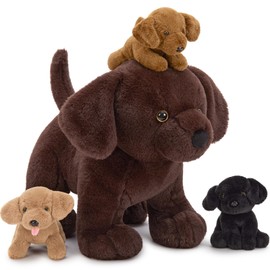 BENINY 4Pcs Lab Stuffed Animals - 16" Huggable Chocolate Mama Labrador Dog with 3 Hidden Puppies (Black/Yellow/Dark Brown) - Plush Toys Gifts for Kids