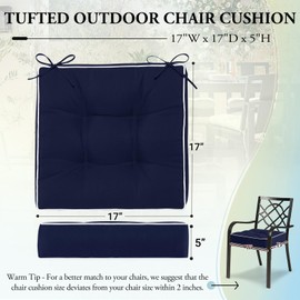 Wellsin Outdoor Chair Cushions Set of 2, Patio Cushions for Outdoor Furniture, Tufted Waterproof Outdoor Chair Pads, 17 x 17 Inch, Navy