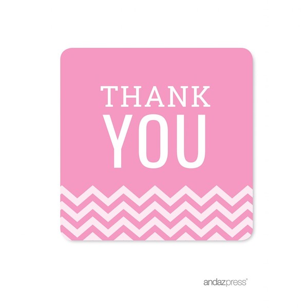Andaz Square Gift Label Stickers, Chevron Style, Thank You, Bubblegum Pink, 40-Pack, for Girl Baptism, Baby Shower Party Favors, Treat Bags