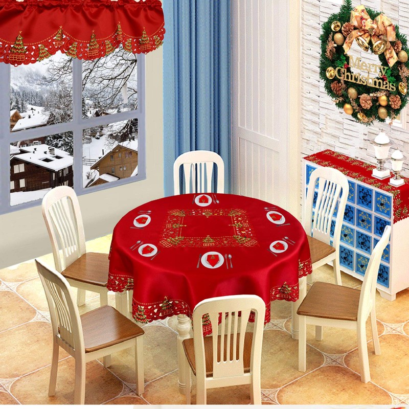 Grelucgo Holly Embroidered Christmas Tablecloth (Round 52 inch)