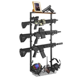 Poyilooo Gun Rack for Wall, Indoor Gun Rack Hold up 4 Guns with Storage Basket, Gun Racks Wall Mount Gun Display for Hunting Rifle Airsoft Gun Holder, Black