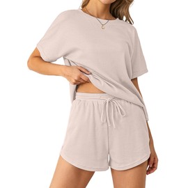 NORACORA Womens Loungewear Set Waffle Pajamas Matching Pjs T-Shirt Tops Comfy Pajama Shorts Clothing Outfits Beige