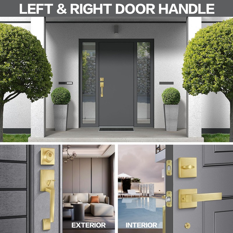 BonKuDoo Entry Front Door Handle, Satin Brass Square Front Door