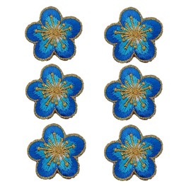 6pcs Small Plum Iron on Patches Flower with Gold Trimming Decorative Embroidered Fabric Applique for Jewellery Making Outfit Garment Embellishment(Blue)