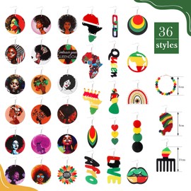 Quelay 36 Pairs Black History Month Earrings African Wooden Earrings for Women Juneteenth Double Sided Painted Earrings for June 19th Independence Day African Afro American Freedom Day Decoration