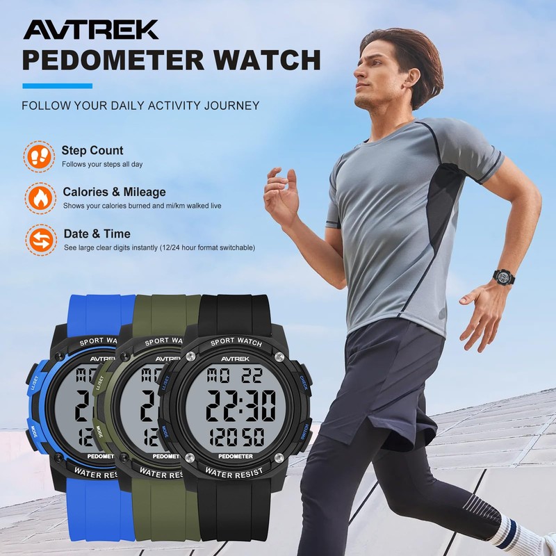 AVTREK Waterproof Pedometer Watch Step Counter for Walking No APP/Bluetooth