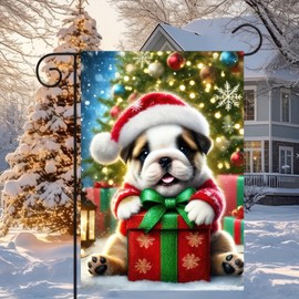 BlissYard Christmas Garden Flag Santa Hat Bulldog Dog Garden Flag 12x18 Double Sided for Outside Xmas Winter Holiday Decorative Flag Xmas Decorataion for Yard Lawn Banner