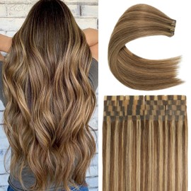 Purfashion Medium Brown Highlights Honey Blonde Tape in Hair Extensions Human Hair 22inch Seamless Hair Extensions Tape in 60 Gram 20 Pieces Invisible Tape in Human Hair Extensions for Women