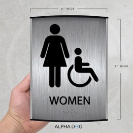 ALPHA DOG ADA SIGNS - Women's Bathroom Sign with Braille for Business, Curved Frame, ADA Compliant Restroom Sign, Indoor or Outdoor, Easy Installation, Made in the USA, Brushed