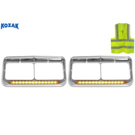 KOZAK C500 Headlights Bezels Chrome with 12" Amber/Yellow LED Light Strip Bar 2 Pcs (Passenger Right & Left Driver Side) For Western Star 4900 PLUS Reflective Vest