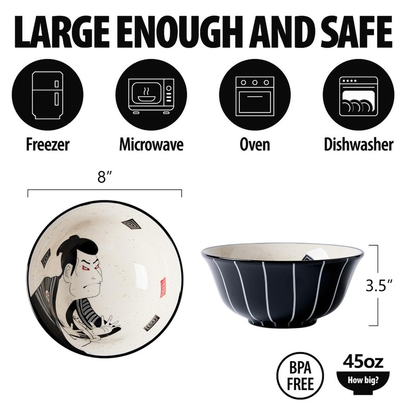 BICETTO Ramen Bowl Set 45oz, 8inch, Japanese Ukiyo-e Design -
