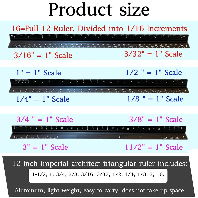 Architectural Scale Ruler, 12'' Imperial Architect Scale, Aluminum Engineer Scale