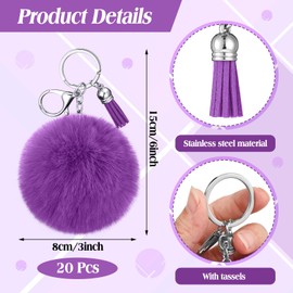 Nosiny 20 Pcs Cheer Faux Pom Pom Keychain Gifts Bulk with Tassel Cheerleading Keyring Charm Gift Cheer Team Sport Accessory(Purple)