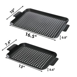 Covzoe 2 Pack Grill Topper Pans, Nonstick Barbecue Grilling Baskets with Perforated Bottom, Heavy Duty Carbon Steel Grilling Tray for Outdoor Cooking and Camping, Black