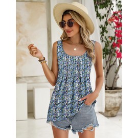 Zeagoo Women's Vests Casual Summer Cami Tank Tops Pleated Sleeveless Tank Camisole Vests Shirt Elegant Square Neck Tops Loose Fit Blouse Shirt Floral Blue XL