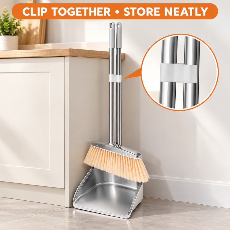 willstar Stainless Steel Broom and Dustpan Set, Long Handle Upright