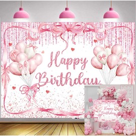 Pink Bow Happy Birthday Banner Backdrop 7x5FT Pink Bowknot Birthday Decorations Photography Background Bachelorette Girls Cute Coquette Decor Supplies