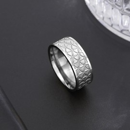 kkjoy Flower of Life Ring Stainless Steel Six Petal Flower Band Ring Promise Ring Jewellery for Women Charming Ladies, Stainless Steel, No Gemstone