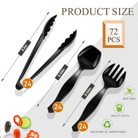 72 Pcs Plastic Serving Utensils Set 9'' Large Disposable Serving Spoons Forks and Tongs for Serving Food Heavy Duty Black Party Utensils Supplies for Buffet Restaurant Picnic Dinner Salad Noodles Soup