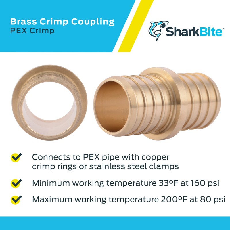 SharkBite 1 Inch Crimp Coupling, Brass Plumbing Fitting, PEX Pipe,