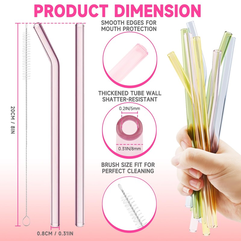Reusable Glass Straws Shatter Resistant 8” x 8mm, 10 Pcs