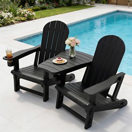 Vongrasig Adirondack Chairs Set of 2 with Removable Tabletop, Outdoor HDPE Plastic Fire Pit Chair Set with Wooden Textured, Cup Holder for Patio, Poolside, Deck, Garden, Black, 3 Pieces