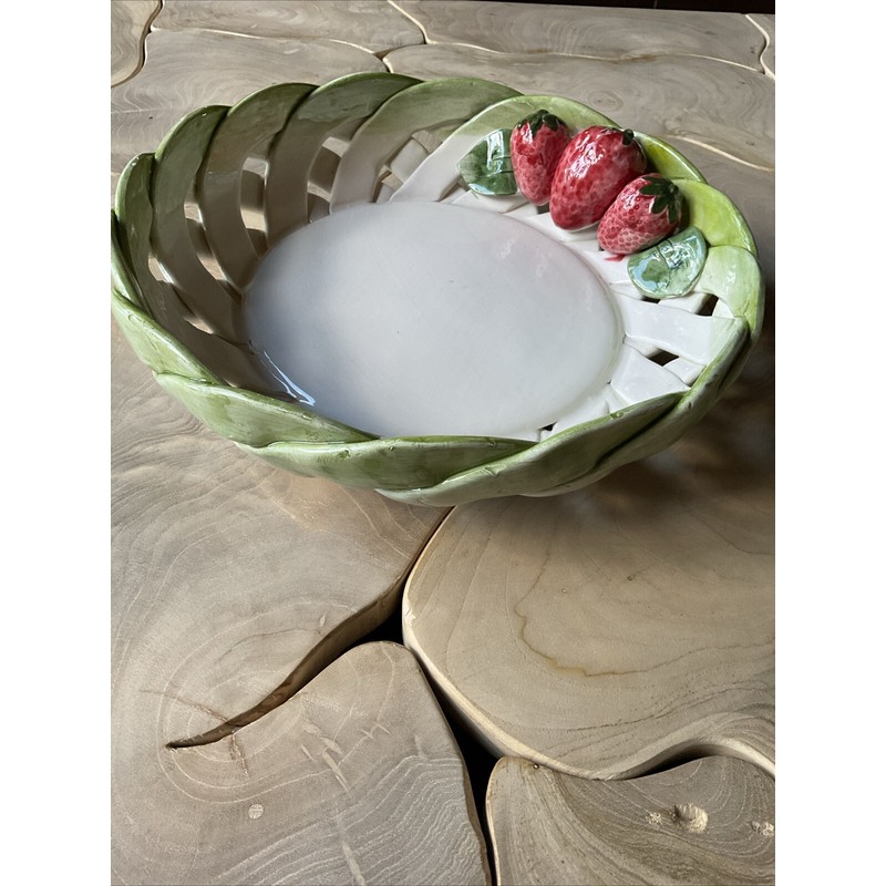 Lanzarin Ceramiche Strawberry Bowl Rare Weave Basket Ceramic Handmade Italy