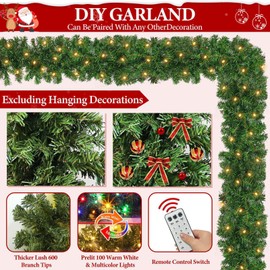 TURNMEON Remote Control 18 Ft Extra Long Prelit Christmas Garland Outdoor 100 Warm White & Multicolor Lights 12 Modes Timer Cedar Garland Battery Operated 600 Branch Christmas Decoration Stairs Mantle