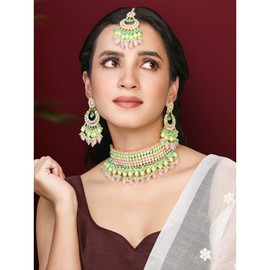 Aheli Pink Mint Synthetic Stone & Beads Studded Necklace Dangle Earrings Maangtikka Ethnic Jewellery Set Gift for Women