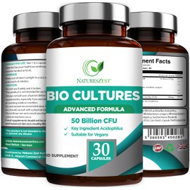 Natures Zest - 50 Billion CFU Probiotics with Prebiotics - Bio Cultures - Multi Strain Probiotic Formula for Men & Women – 30 Vegan Capsules – Live Cultures Probiotic Supplement with Acidophilus