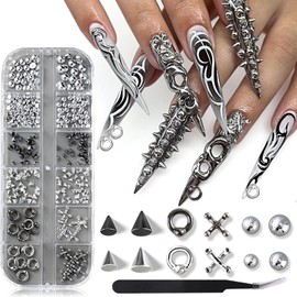 Kinretixia Goth Nail Charms, 3D Triangle and Spike Gothic Punk Nail Charms, Black Stud Beads, Silver Alloy Piercing, Y2K Decorations, Manicure Accessories