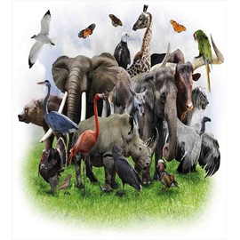 Ambesonne Africa Duvet Cover Set, Digital Collage of Wild Animals with Safari Animals Zoo Theme Print Artwork, Decorative 3 Piece Bedding Set with 2 Pillow Shams, Queen Size, White Grey