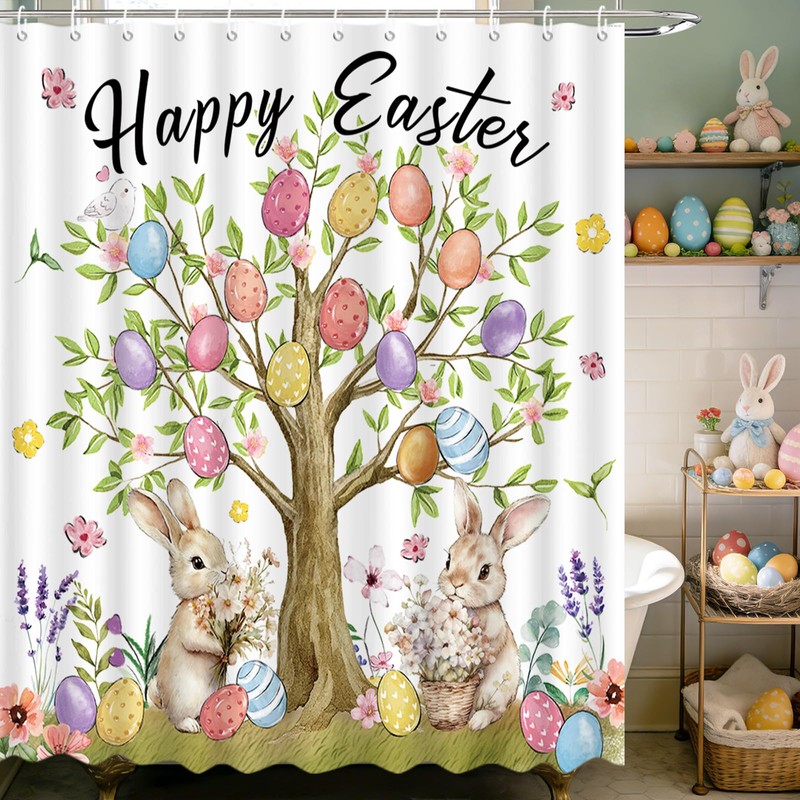 Easter Shower Curtain Bunny Easter Eggs Tree Shower Curtain for
