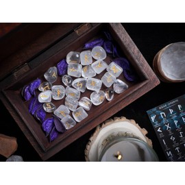 Rune Stones Sets 25 pcs Clear Quartz for Beginners with Elder Futhark Alphabets for Healing Chakra Crystals Reiki feng Shui Gemstone Runes Set Size: 15-20 mm with a Pouch & Rune brochure