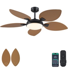 PHORUS 52" Palm Leaf Ceiling Fans with lights, Outdoor Tropical Island Ceiling Fans with Remote for Patios Living Room, Dimmable, 6 Speeds, Reversible, Light Brown