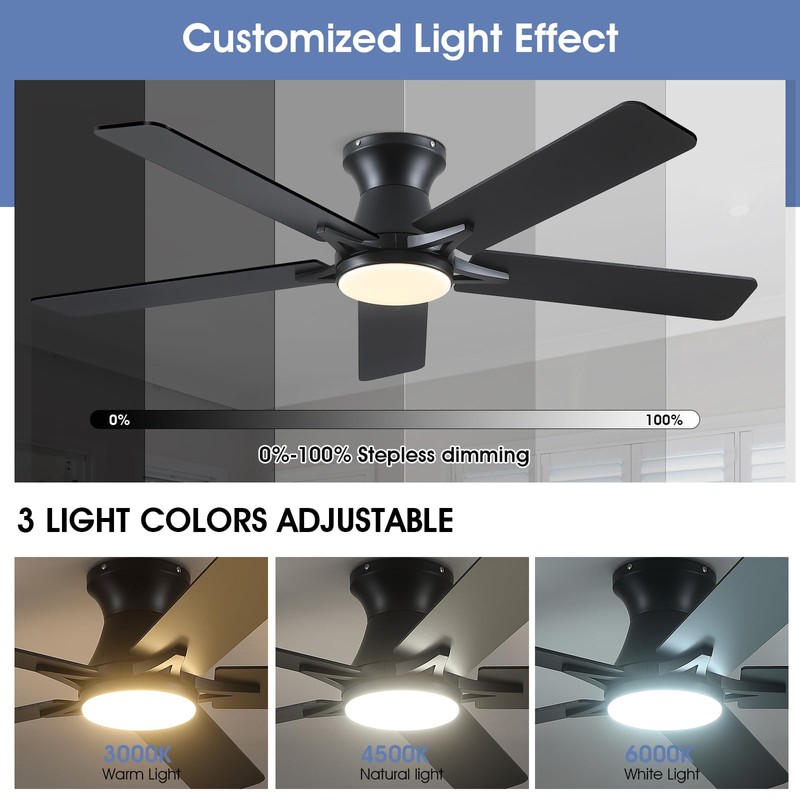 Goniyado 52" Low Profile Ceiling Fans with Lights and Remote,Black