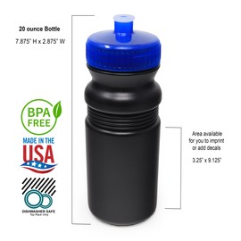 Rolling Sands 20 oz. Bulk Water Bottles 6 Pack, Made in USA, BPA-Free, Reusable Dishwasher Safe Plastic Sports Bottle with Easy Open Pull Top Cap for Adults and Kids, Black Bottles/Blue Lids