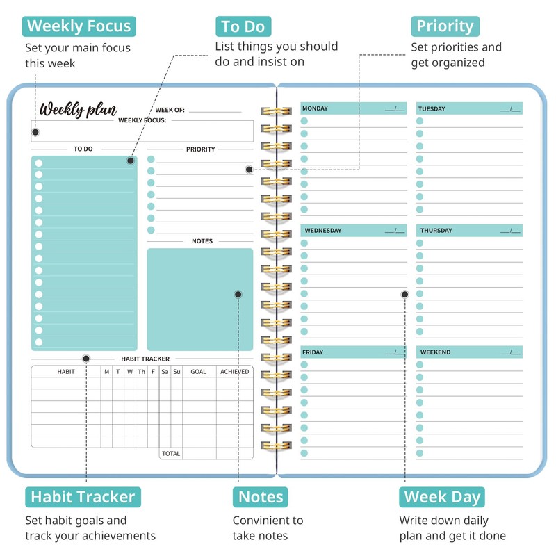 Undated Weekly Planner, Weekly To Do List Notebook with Goal