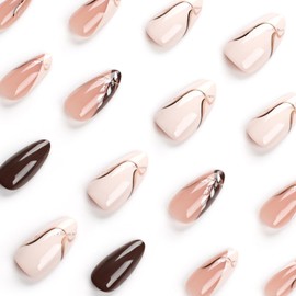 24 Pcs Fall Press on Nails Medium Almond Brown Fake Nails Gold Leaf Designs Fall Nails Glossy Stick on Nails Gold Glitter Full Cover Autumn and Winter False Nails for Women French Nails