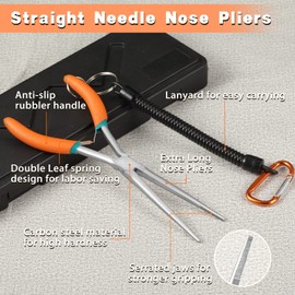 LEONTOOL Extra Long Needle Nose Pliers for Jewelry Making, 7 Inch Straight Needle Nose Pliers with Serrated Jaw Fishing Hook Remover Tool with Lanyard, Long Nose Pliers