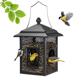 Veehoo Metal Bird Feeder for Outdoors Hanging, Fly Through Wild Birdfeeder Outside, Finch Cardinal Chickadee Feeders for Peanut Sunflower Seed, Black