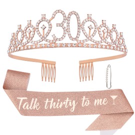 AOPRIE Birthday Crown - 30th Talk Thirty To Me Tiara for Women & Girls - Rose Gold Rhinestone Headband & Sash - Happy Birthday Accessory