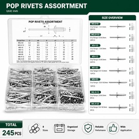 245PCS Aluminum Blind Rivets Assortment Kit, 8 Sizes M3.2-M6.4